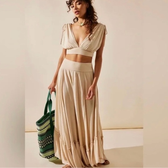 Free People Beige Tan Ashlyn V Neck V Back Summer Beachy Skirt Set Size Small - Picture 3 of 7